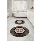 Napoli Home Dijital Yıkanabilir Çerçeveli Ayak Baskılı Yuvarlak Banyo Paspası Klozet Takımı, Klozet-52-Kahve, - Kahverengi