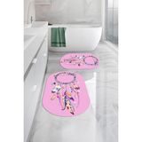 Napoli Home Dijital Yıkanabilir Kaymaz Kuş Tüyü Desenli Oval Banyo Paspası Klozet Takımı, Klozet-92-Pembe,