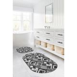 Napoli Home Dijital Yıkanabilir Klasik Çiçek Desenli Oval Banyo Paspası Klozet Takımı, Klozet-80-Gri,