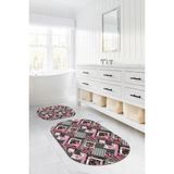 Napoli Home Dijital Yıkanabilir Klasik Çiçek Desenli Oval Banyo Paspası Klozet Takımı, Klozet-80-Pembe,