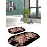 Napoli Home Dijital Yıkanabilir Renkli Çiçek Desenli Oval Banyo Paspası Klozet Takımı, Klozet-66-Siyah,