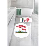 Napoli Home Dijital Yıkanabilir Sade Flamingo Desenli Oval Banyo Paspası Klozet Takımı