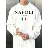 Napoli Italya Mektup ve Bayrak Baskı Erkek Kazak Bisiklet Yaka Rahat Kazak Sonbahar Sokak Şık - Beyaz - 4XL