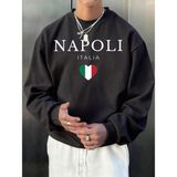 Napoli Italya Mektup ve Bayrak Baskı Erkek Kazak Bisiklet Yaka Rahat Kazak Sonbahar Sokak Şık - Siyah - 2XL