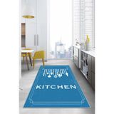 Napolihome Baskılı Çatal Bıçak Desen Kitchen Yazılı Yıkanabilir Kaymaz Taban Salon Mutfak Halısı,Turkuaz 100 X 200