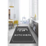 Napolihome Baskılı Çatal Bıçak Desenli Kitchen Yazılı Yıkanabilir Kaymaz Taban Salon Mutfak Halısı,Gri 80 X 150