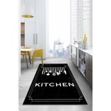 Napolihome Baskılı Çatal Bıçak Desenli Kitchen Yazılı Yıkanabilir Kaymaz Taban Salon Mutfak Halısı,Siyah 80 X 150