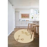 Napolihome Baskılı Modern Çatal Bıçak Desenli Yıkanabilir Kaymaz Taban Yuvarlak Mutfak Halısı,Bej 120 X 120