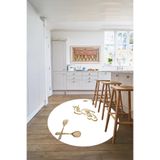 Napolihome Baskılı Modern Çatal Bıçak Desenli Yıkanabilir Kaymaz Taban Yuvarlak Mutfak Halısı,Beyaz 80 X 80