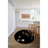 Napolihome Baskılı Modern Çatal Bıçak Desenli Yıkanabilir Kaymaz Taban Yuvarlak Mutfak Halısı,Siyah 80 X 80