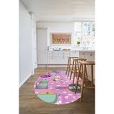 Napolihome Baskılı Mutfak Eşya Desenli Yıkanabilir Kaymaz Taban Yuvarlak Salon Mutfak Halısı,Pembe 80 X 80