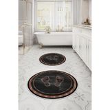 Napolihome Baskılı Yıkanabilir Kaymaz Taban Ayak Baskılı Yuvarlak Banyo Paspası Klozet Takımı,Siyah 100 X 100