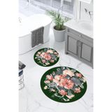 Napolihome Baskılı Yıkanabilir Kaymaz Taban Çiçek Detaylı Yuvarlak Banyo Paspası Klozet Takımı,Yeşil 100 X 100