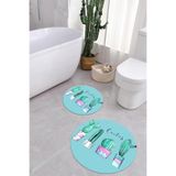 Napolihome Baskılı Yıkanabilir Kaymaz Taban Kaktüs Model Yuvarlak Banyo Paspası Klozet Takımı,Turkuaz 100 X 100
