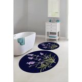 Napolihome Baskılı Yıkanabilir Sade Çiçek Desenli Yuvarlak Banyo Paspası Klozet Takımı,Lacivert 100 X 100