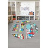 Napolihome Baskılı Yol Desenli Yıkanabilir Kaymaz Taban Yuvarlak Çocuk Odası Halısı,Gri 160 X 160
