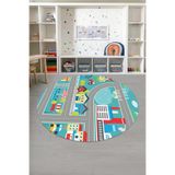 Napolihome Baskılı Yol Desenli Yıkanabilir Kaymaz Taban Yuvarlak Çocuk Odası Halısı,Turkuaz 160 X 160
