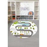 Napolihome Baskılı Yol Figürlü Yıkanabilir Kaymaz Taban Yuvarlak Çocuk Odası Halısı,Beyaz 180 X 180