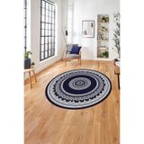 Napolihome Çerçeveli Göbek Desenli Yıkanabilir Kaymaz Taban Yuvarlak Salon Halısı,Lacivert 80 X 80