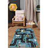 Napolihome Dijital Baskılı Araba Yol Desenli Yıkanabilir Kaymaz Taban Çocuk Odası Halısı,Mavi 40 X 60