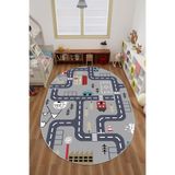 Napolihome Dijital Baskılı Araba Yol Desenli Yıkanabilir Kaymaz Taban Oval Çocuk Odası Halısı,Gri 100 X 150