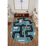 Napolihome Dijital Baskılı Araba Yol Desenli Yıkanabilir Kaymaz Taban Oval Çocuk Odası Halısı,Mavi 80 X 200