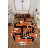 Napolihome Dijital Baskılı Araba Yol Desenli Yıkanabilir Kaymaz Taban Oval Çocuk Odası Halısı,Turuncu 80 X 300