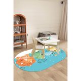 Napolihome Dijital Baskılı Çizgi Film Hayvan Figürlü Yıkanabilir Kaymaz Oval Çocuk Odası Halısı,Turkuaz 60 X 150