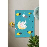 Napolihome Dijital Baskılı Fil Ve Ay Desenli Yıkanabilir Kaymaz Taban Çocuk Odası Halısı,Turkuaz 100 X 250