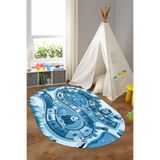 Napolihome Dijital Baskılı Hayvan Figürlü Yol Desenli Yıkanabilir Kaymaz Oval Çocuk Odası Halısı,Turkuaz 180 X 300