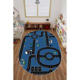 Napolihome Dijital Baskılı Otomobil Yol Desenli Yıkanabilir Kaymaz Taban Oval Çocuk Odası Halısı,Mavi 120 X 180