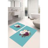 Napolihome Dijital Baskılı Yıkanabilir Kaymaz Taban Çiçek Motifli Banyo Paspası Klozet Takımı,Turkuaz 60 X 100