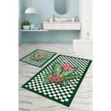Napolihome Dijital Baskılı Yıkanabilir Kaymaz Taban Flamingo Desenli Banyo Paspası Klozet Takımı,Yeşil 60 X 100