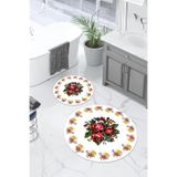 Napolihome Dijital Yıkanabilir Çerçeveli Çiçek Desen Yuvarlak Banyo Paspası Klozet Takımı,Beyaz 100 X 100