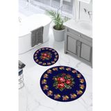 Napolihome Dijital Yıkanabilir Çerçeveli Çiçek Desen Yuvarlak Banyo Paspası Klozet Takımı,Lacivert 100 X 100