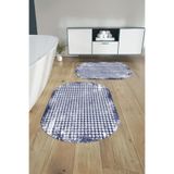 Napolihome Dijital Yıkanabilir Kare Desen Detaylı Oval Banyo Paspası Klozet Takımı,Lacivert 60 X 100
