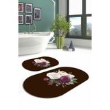 Napolihome Dijital Yıkanabilir Kaymaz Taban Çiçek Motifli Oval Banyo Paspası Klozet Takımı,Kahverengi 60 X 100