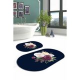 Napolihome Dijital Yıkanabilir Kaymaz Taban Çiçek Motifli Oval Banyo Paspası Klozet Takımı,Lacivert 60 X 100