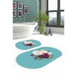 Napolihome Dijital Yıkanabilir Kaymaz Taban Çiçek Motifli Oval Banyo Paspası Klozet Takımı,Turkuaz 60 X 100
