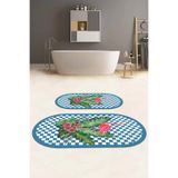 Napolihome Dijital Yıkanabilir Kaymaz Taban Flamingo Desenli Oval Banyo Paspası Klozet Takımı,Turkuaz 60 X 100