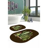Napolihome Dijital Yıkanabilir Kaymaz Taban Kaktüs Desenli Oval Banyo Paspası Klozet Takımı,Kahverengi 60 X 100