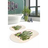 Napolihome Dijital Yıkanabilir Kaymaz Taban Kaktüs Desenli Oval Banyo Paspası Klozet Takımı,Krem 60 X 100