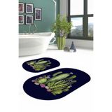 Napolihome Dijital Yıkanabilir Kaymaz Taban Kaktüs Desenli Oval Banyo Paspası Klozet Takımı,Lacivert 60 X 100