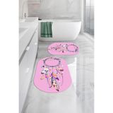 Napolihome Dijital Yıkanabilir Kaymaz Taban Kuş Tüyü Desenli Oval Banyo Paspası Klozet Takımı,Pembe 60 X 100