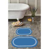 Napolihome Dijital Yıkanabilir Kaymaz Taban Sade Çerçeveli Oval Banyo Paspası Klozet Takımı,Mavi 60 X 100