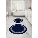 Napolihome Dijital Yıkanabilir Kaymaz Taban Sade Çerçeveli Yuvarlak Banyo Paspası Klozet Takımı,Lacivert 100 X 100