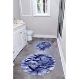Napolihome Dijital Yıkanabilir Kaymaz Taban Yaprak Motifli Yuvarlak Banyo Paspası Klozet Takımı,Lacivert 100 X 100