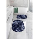Napolihome Dijital Yıkanabilir Modern Yaprak Desenli Oval Banyo Paspası Klozet Takımı,Lacivert 60 X 100