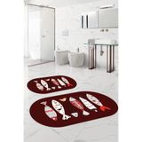 Napolihome Dijital Yıkanabilir Renkli Balık Desenli Oval Banyo Paspası Klozet Takımı,Bordo 60 X 100