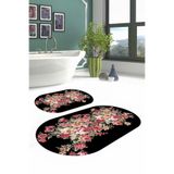Napolihome Dijital Yıkanabilir Renkli Çiçek Desenli Oval Banyo Paspası Klozet Takımı,Siyah 60 X 100